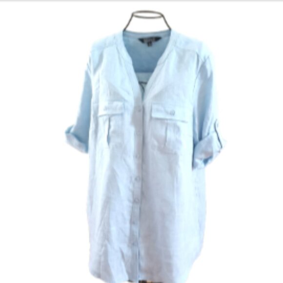 NWOT Nicole Miller Linen Button Up 3/4 Roll Tab Sleeve Top Pockets sz L Sky Blue - Picture 10 of 14